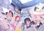  4girls :d animal_ear_headphones animal_ears aris_(blue_archive) bikini black_hair blonde_hair blue_archive blue_eyes cat_ear_headphones fake_animal_ears female_child green_eyes grey_eyes hair_between_eyes halo headphones hoji_(hooooooooji1029) long_hair midori_(blue_archive) momoi_(blue_archive) multiple_girls one-piece_swimsuit one_eye_closed open_mouth pink_eyes red_hair short_hair smile swimsuit yuzu_(blue_archive) 