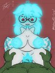  &lt;3 &lt;3_eyes anthro big_breasts blue_hair body_hair breasts buckteeth chest_hair cryptid duo eyewear female first_person_view freckles genitals glasses glowing glowing_genitalia glowing_hair glowing_nipples glowing_tongue hair hairy herm hi_res humanoid intersex male male/female monster monster_girl_(genre) multi_eye nipples nohmad orc raptorial_arms red_eyes riding sagging_breasts slightly_chubby teeth tongue white_body white_skin 