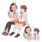  2girls :d :i ahoge blush botamanbo braid brown_eyes brown_hair closed_eyes closed_mouth collared_shirt commentary_request eyelashes food freckles green_hair holding ice_cream ice_cream_cone invisible_chair juliana_(pokemon) multicolored_hair multiple_girls multiple_views necktie nemona_(pokemon) open_mouth orange_necktie orange_shorts pantyhose pokemon pokemon_(game) pokemon_sv ponytail school_uniform shirt shoes short_sleeves shorts sitting smile two-tone_hair white_shirt 