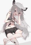  1girl animal_ear_fluff animal_ears arknights bare_arms bare_legs bare_shoulders barefoot black_shorts breasts clothes_lift commentary fangs figure_four_sitting foot_out_of_frame grey_eyes grey_hair grey_tank_top lappland_(arknights) long_hair navel open_mouth oripathy_lesion_(arknights) scar scar_across_eye shirt_lift short_shorts shorts sitting skin_fangs small_breasts solo tail tank_top toes unitedunti wolf_ears wolf_girl wolf_tail 
