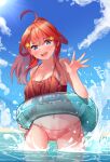  1girl 5hibu05 absurdres ahoge bikini blue_sky breasts cleavage cloud go-toubun_no_hanayome hair_ornament highres looking_at_viewer medium_breasts nakano_itsuki open_mouth red_hair side-tie_bikini_bottom sky smile solo splashing star_(symbol) star_hair_ornament swimsuit water waving 