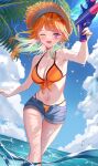  1girl bare_shoulders bikini blush breasts cleavage denim denim_shorts earrings feather_earrings feathers gradient_hair green_hair highres holding holding_water_gun hololive hololive_english jewelry large_breasts long_hair looking_at_viewer multicolored_hair multiple_girls navel one_eye_closed open_fly open_mouth orange_bikini orange_hair outdoors purple_eyes shirase_rin shorts smile solo swimsuit takanashi_kiara virtual_youtuber water_gun 
