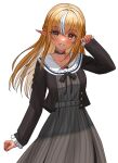  1girl absurdres black_choker black_jacket blonde_hair blush brown_eyes choker collarbone dark-skinned_female dark_elf dark_skin dress elf floating_hair grey_dress grin hair_between_eyes highres hololive jacket long_hair long_sleeves looking_at_viewer multicolored_hair open_clothes open_jacket pointy_ears sailor_collar shiranui_flare shiranui_flare_(3rd_costume) simple_background sleeves_past_wrists smile solo standing streaked_hair striped striped_dress vertical-striped_dress vertical_stripes virtual_youtuber white_background white_sailor_collar yama_narashi 