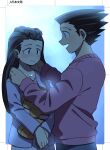  1boy 1girl ace_attorney black_hair blush braid closed_mouth hands_on_another&#039;s_shoulders hetero iris_(ace_attorney) jewelry long_hair long_sleeves looking_at_another necklace open_mouth own_hands_together phoenix_wright phoenix_wright:_ace_attorney_-_trials_and_tribulations putting_on_jewelry short_hair smile spiked_hair wahootarou 
