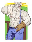  2023 abs anthro biceps bodily_fluids border bovid bovine buckle cattle clothing cloud deltoids facial_hair fence goatee grass grin hair hi_res hillside horn looking_at_viewer male mammal manly maruikito muscular navel nipples obliques outside overalls overalls_only pecs plant shirtless smile solo sweat towel towel_on_shoulder triceps white_border white_hair work_gloves 