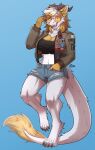  2023 absurd_res anthro auveiss badge barefoot bottomwear clothing digitigrade dragon eyewear feet female fur furred_dragon glasses hand_in_pocket hi_res horn jacket open_mouth pockets round_glasses shorts simple_background solo tinted_glasses topwear 