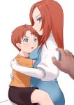  1boy 1girl animification apex_legends ashleigh_reid black_shorts blue_eyes blue_jacket breasts brown_hair elbow_gloves frown gloves hair_behind_ear highres hug jacket long_hair looking_at_viewer medium_breasts nagoooon_114 newton_somers open_hand open_mouth orange_shirt parted_hair pov shirt shorts smile white_gloves 