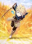  1boy 1girl barefoot blue_eyes blue_scarf branch fire_emblem fire_emblem_cipher fire_emblem_fates highres holding holding_branch kana_(fire_emblem) kana_(male)_(fire_emblem) official_art pointy_ears scarf solo third-party_source wheat white_hair 