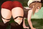  1girl all_fours ass atelier_(series) atelier_ryza atelier_ryza_3 bare_arms bare_shoulders blush breasts brown_eyes brown_hair brown_thighhighs brown_vest halter_shirt halterneck highres large_breasts light_blush light_brown_hair red_shorts reisalin_stout shirt short_hair shorts sleeveless solo thighhighs thighs vest watarurikka white_headwear white_shirt 