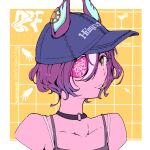  1girl animal_ears bare_shoulders baseball_cap black_camisole black_choker blue_headwear brown_eyes camisole choker closed_mouth collarbone commentary cropped_torso ears_through_headwear english_text eyepatch hat highres horse_ears kakishirasu looking_at_viewer multicolored_hair o-ring o-ring_choker purple_hair smile solo streaked_hair symbol-only_commentary tanino_gimlet_(umamusume) umamusume upper_body white_hair yellow_background 