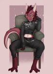  absurd_res anthro barefoot chair clothed clothing feet female fully_clothed furniture genitals green_eyes hi_res horn kobold looking_at_viewer midriff navel on_chair red_body red_scales reptile scales scalie sitting sitting_on_chair solo spread_legs spreading tweak yshanii 