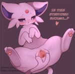  &lt;3 blush dialogue eeveelution english_text espeon female feral forehead_gem forked_tail generation_2_pokemon genitals looking_at_genitalia looking_at_pussy nintendo open_mouth pawpads pink_body pokemon pokemon_(species) purple_sclera pussy quadruped question_mark seviyummy simple_background solo spread_pussy spreading tail text unusual_anatomy unusual_tail url 