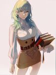  1girl belt belt_buckle book breasts buckle byleth_(female)_(fire_emblem) byleth_(fire_emblem) commentary_request cowboy_shot fire_emblem fire_emblem:_three_houses garreg_mach_monastery_uniform green_eyes green_hair hair_between_eyes highres holding holding_book long_sleeves looking_at_viewer medium_breasts medium_hair sb_(sbixinsky) slit_pupils solo 