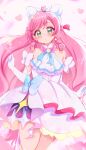  1girl absurdres ascot blue_bow blush bow braid brooch commentary cure_prism dress dress_bow earrings elbow_gloves gloves green_eyes hair_bow halterneck heart highres hirogaru_sky!_precure jewelry layered_dress leg_up long_hair looking_at_viewer magical_girl nijigaoka_mashiro parted_lips pink_hair precure side_braid single_earring sleeveless sleeveless_dress solo standing standing_on_one_leg sugimura_mickey twin_braids very_long_hair white_ascot white_bow white_dress white_gloves wing_brooch 