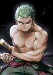  1boy absurdres bara earrings feet_out_of_frame fighting_stance green_hair highres jewelry large_pectorals light_smile long_sideburns looking_to_the_side male_focus mondoart muscular muscular_male one_piece pectorals ready_to_draw roronoa_zoro short_hair sideburns single_earring solo standing topless_male v-shaped_eyebrows 