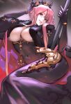  1girl absurdres azur_lane black_dress black_gloves breasts clemenceau_(azur_lane) covered_navel cross crown dress evil_smile gloves hands_up highres juaag_acgy large_breasts lips long_hair looking_at_viewer lying on_side pink_hair red_eyes smile solo staff tight_clothes tight_dress 