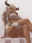  1girl animal_ears blue_eyes breasts crossed_legs dark-skinned_female dark_skin feather_trim grey_hair highres horns huge_breasts iwbitu lips long_hair looking_at_viewer original pelvic_curtain sitting solo white_background 