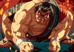  1boy black_hair chonmage clenched_teeth edmond_honda facepaint fighting_stance highres looking_at_viewer muscular muscular_male short_hair solo street_fighter tabi teeth v-shaped_eyebrows wristband yagi2013 