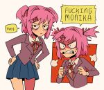  1girl clenched_hands clenched_teeth doki_doki_literature_club frown hair_raising hand_on_own_hip looking_at_viewer marreeps natsuki_(doki_doki_literature_club) pink_hair pleated_skirt shaded_face sharp_teeth short_twintails skirt solo speech_bubble steam teeth twintails white_background 