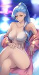  1girl bare_shoulders bikini blue_hair breasts cleavage closed_mouth commission crossed_legs highres large_breasts long_hair long_sleeves looking_at_viewer off_shoulder orange_eyes original ponytail sitting smile swimsuit thighs tommy_(kingdukeee) white_bikini 