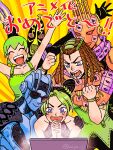  6+boys :d ^_^ blush breasts celebration cleavage closed_eyes computer dreadlocks dual_persona ermes_costello foo_fighters foo_fighters_(stand) green_hair green_overalls jojo_no_kimyou_na_bouken kiss_(stand) kujo_jolyne laptop looking_at_screen merumeru626 multiple_boys own_hands_clasped own_hands_together purple_eyes single_tear smile stand_(jojo) stone_free stone_ocean sunglasses translated vest 
