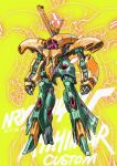  asshimar english_commentary full_body gundam highres horns joints mecha mobile_suit negasw no_humans original robot robot_joints single_horn standing yellow_background zoom_layer 