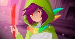  absurdres admant cape chara_(undertale) glowing glowing_eyes green_cape highres holding holding_knife holding_weapon knife light_smile non-web_source purple_hair red_eyes self-upload shirt short_hair storyshift undertale weapon white_shirt 