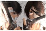  1boy 1other androgynous bandaged_head bandages black_eyes black_hair brown_eyes brown_hair commentary_request covering_mouth eyepatch glasses hange_zoe highres holding holding_weapon levi_(shingeki_no_kyojin) shingeki_no_kyojin sirius_0905hz split_screen three-dimensional_maneuver_gear twitter_username weapon 