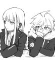  1boy 1girl ahoge braid closed_mouth collared_shirt crossed_arms danganronpa:_trigger_happy_havoc danganronpa_(series) frown greyscale hair_ribbon hand_on_own_cheek hand_on_own_face highres hood hood_down hoodie karen_(karenendo) kirigiri_kyoko long_sleeves monochrome necktie ribbon shirt short_hair side_braid single_braid 