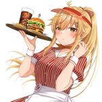  1girl apron blonde_hair blush bow breasts brown_eyes brown_headwear burger closed_mouth cola collared_shirt commentary_request cup dress_shirt drinking_glass food french_fries frilled_apron frills hair_between_eyes hair_bow hands_up holding holding_tray ice ice_cube komori_kuzuyu long_hair medium_breasts nao_(kuzuyu) original ponytail puffy_short_sleeves puffy_sleeves red_shirt red_skirt shirt short_sleeves simple_background skirt solo striped striped_bow striped_shirt striped_skirt tray vertical-striped_shirt vertical-striped_skirt vertical_stripes very_long_hair visor_cap waist_apron white_apron white_background wrist_cuffs 