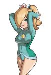  1girl arms_behind_head athletic_leotard bare_legs blonde_hair blue_eyes blue_leotard breasts closed_mouth commentary_request covered_navel crown eyelashes hair_over_one_eye highres leotard mario_&amp;_sonic_at_the_rio_2016_olympic_games mario_(series) medium_breasts medium_hair mixed-language_commentary pink_lips ponytail rosalina simple_background solo standing toggy_keiichi white_background 
