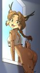  absurd_res aeolus06 anthro big_butt bobcat bottomless breasts brown_hair butt clothed clothing felid feline female fur hair hi_res looking_at_viewer looking_back looking_back_at_viewer lynx mammal solo spots spotted_body spotted_fur 