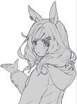  1girl animal_ear_fluff animal_ears blush greyscale hair_ornament hairclip hand_up highres hood hood_down hooded_jacket horse_ears jacket long_sleeves looking_at_viewer looking_back matikane_tannhauser_(umamusume) medium_hair monochrome open_mouth shiro3necro solo umamusume upper_body v-shaped_eyebrows 