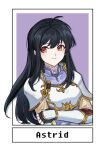  1girl ahoge armor astrid_(fire_emblem) black_gloves black_hair breastplate commentary_request fingerless_gloves fire_emblem fire_emblem:_path_of_radiance gloves highres long_hair looking_at_viewer pauldrons purple_shirt red_eyes shirt shoulder_armor silvercandy_gum smile solo upper_body very_long_hair 