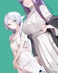  artist_name blush breasts crossed_arms cut_bangs dangle_earrings dress earrings elf fern_(sousou_no_frieren) frieren green_eyes grey_hair jealous jewelry large_breasts light_blush long_bangs looking_at_another looking_at_breasts nightgown patreon_username pointy_ears purple_eyes purple_hair simple_background small_breasts sousou_no_frieren sydus white_dress 