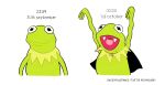  1boy arms_up artist_name black_capelet capelet chuckdrawsthings colored_skin cropped_torso dated english_text fangs green_skin halloween highres kermit_the_frog meme muppets open_mouth smile staring vampire_costume wavy_arms white_background 