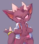  anthro balls bottomless clothed clothing collared_shirt dragon erection fur furred_dragon garfield_(kobold_festival) genitals glans head_tuft hi_res looking_at_viewer male navel open_clothing open_shirt open_topwear penis pink_eyes pink_glans portrait purple_body purple_fur shirt simple_background smile smirk smite_(artist) solo standing tail three-quarter_portrait topwear tuft undone_tie 