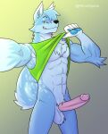  abs anthro big_penis blue_body blue_fur canid canine canis clothed clothing clothing_lift fur genitals hi_res humanoid ihs male mammal penis pervohyena shirt shirt_lift smile smirk solo spots topwear wolf 
