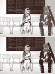  1boy 1girl animal_ears arknights braid cabbie_hat cat_ears cat_girl cat_tail chair commentary_request fading folding_chair goldenglow_(arknights) greyscale hat holding jacket long_hair monochrome on_chair open_clothes open_jacket pants red_(npc)_(arknights) shirt shoes single_braid sitting skirt tail thighhighs youci332502 