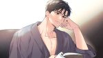  1boy bathrobe book brown_eyes brown_hair closed_mouth hands_on_own_cheeks hands_on_own_face holding holding_book jeong_changin kangjak male_focus official_art passion_(manhwa) reading solo 
