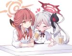  2girls aru_(blue_archive) blue_archive blush chibi closed_eyes closed_mouth collared_shirt cup demon_horns disposable_cup drinking_straw drinking_straw_in_mouth eip_(pepai) eyelashes feeding grey_hair hair_ornament hair_scrunchie halo heart holding holding_cup horns long_hair looking_at_another multiple_girls mutsuki_(blue_archive) neck_ribbon red_hair red_ribbon ribbon scrunchie shirt side_ponytail sitting smile very_long_hair white_shirt wristband 