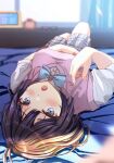  1girl alarm_clock black_eyes black_hair blue_bow blue_bowtie blurry blurry_background blurry_foreground blush bob_cut bow bowtie breasts checkered_clothes checkered_skirt clock diagonal-striped_bow eyewear_removed fushimi_asuha hand_on_own_stomach highres large_breasts light_rays looking_at_viewer lying on_bed open_mouth original pink_sweater_vest plaid plaid_skirt pleated_skirt school_uniform short_hair short_sleeves skirt sunbeam sunlight sweater_vest uniform 