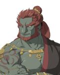  1boy beard closed_mouth colored_skin crossed_arms earrings facial_hair fingernails foxvulpine ganondorf gold_earrings green_skin hadanugi_dousa hair_bun jewelry male_focus mature_male muscular muscular_male pectorals red_hair ring shoulder_tattoo smile solo tattoo the_legend_of_zelda the_legend_of_zelda:_tears_of_the_kingdom thick_eyebrows upper_body white_background 