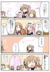  1boy 1other 3girls black_serafuku black_shirt bokukawauso bow bowtie commentary_request harusame_(kancolle) hat highres kantai_collection light_brown_hair minegumo_(kancolle) multiple_girls murasame_(kancolle) murasame_kai_ni_(kancolle) otter pink_hair plaid plaid_bow plaid_bowtie red_bow red_bowtie red_eyes sailor_collar sailor_hat school_uniform serafuku shirt side_ponytail sira t-head_admiral translation_request two_side_up upper_body white_headwear white_sailor_collar yuri 