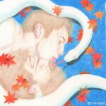  2boys absurdres autumn_leaves bara beard closed_eyes couple facial_hair french_kiss highres kiss male_focus multiple_boys nude original painterly realistic short_hair sideburns snake thick_mustache tongue tongue_out upper_body white_snake yaoi yuzhou_fei_gou 