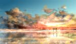  absurdres blue_sky chinese_commentary cloud commentary_request highres light_particles mountainous_horizon no_humans original outdoors reflection rune_xiao scenery signature sky still_life sunset torii 