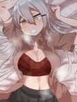  1girl arm_up bed_sheet black_skirt blush bra breasts brown_shirt cleavage gangut_(kancolle) grey_hair hair_between_eyes hair_ornament hairclip kantai_collection large_breasts long_hair lying on_back open_clothes open_mouth open_shirt orange_eyes red_bra scar scar_on_cheek scar_on_face shiawase_hougan shirt skirt solo sweat twitter_username underwear very_long_hair 