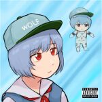  1girl album_cover_redraw ayanami_rei baseball_cap blue_background blue_hair blue_headwear character_doll commentary derivative_work english_commentary expressionless gradient_background hat highres looking_to_the_side neck_ribbon neon_genesis_evangelion nvi2762 parental_advisory portrait red_eyes red_ribbon ribbon sailor_collar school_uniform short_hair solo tokyo-3_middle_school_uniform tyler_the_creator white_sailor_collar 