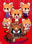  2023 absurd_res aggretsuko ailurid angry anthro black_eyes blush bottomwear claws clothing coat female finger_claws fur glowing glowing_eyes hi_res mammal microphone motion_lines no_pupils orange_body orange_fur red_background red_panda retsuko running sanrio scarf sharp_teeth simple_background skirt solo teeth topwear wazzaldorp work_uniform 