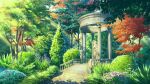  bush column commentary_request dappled_sunlight day flower forest grass landscape nature no_humans original outdoors pillar pink_flower plant railing scenery shade stairs statue sunlight tree white_flower xingzhi_lv 